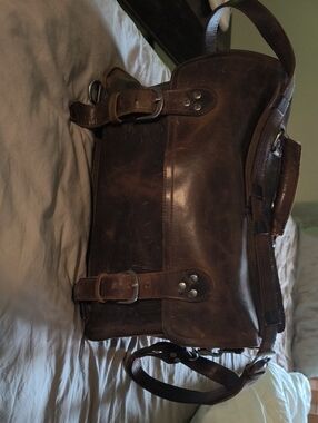 Men's Brown Leather Briefcase Messenger with Buckle Straps